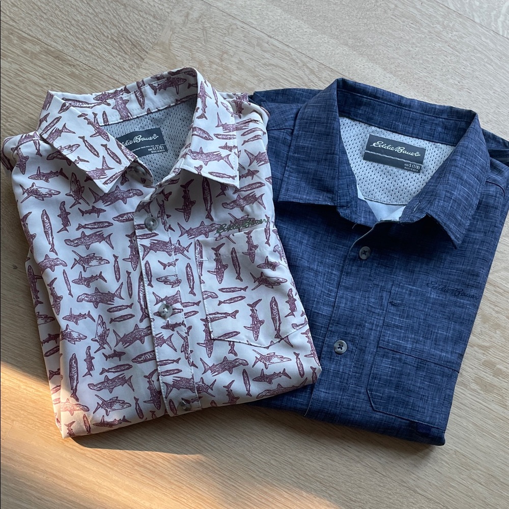 Eddie Bauer Boys Blue and White Shark Print Short Sleeve Shirts